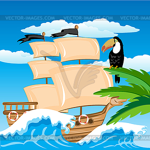 Sailing nave in tropic - vector clipart