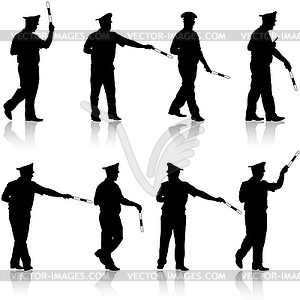 Set schwarze Silhouetten Polizist mit Stab - Vektor-Klipart