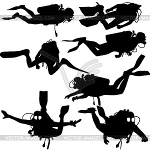 Set black silhouette scuba divers.  - vector clip art