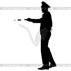 Black silhouettes Police officer with rod - vector clipart