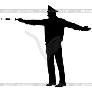 Black silhouettes Police officer with rod - vector image