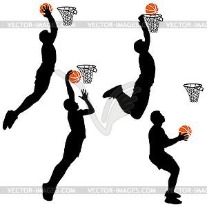 Black silhouettes of men playing basketball on white - vector image