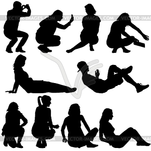 Silhouettes of people in positions lying and sitting - vector clip art