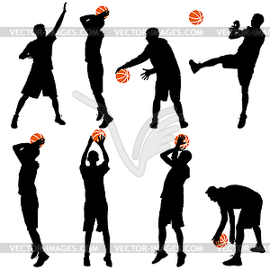 Set back silhouettes of men playing basketball on - vector clipart