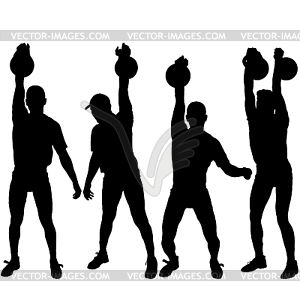 Set silhouette muscular man holding kettle bell.  - vector image