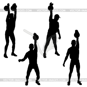 Set silhouette muscular man holding kettle bell.  - vector image