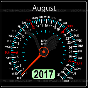 Year 2017 calendar speedometer car . August - vector clip art