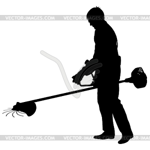 Silhouette worker of garden cuts off grass - vector clipart