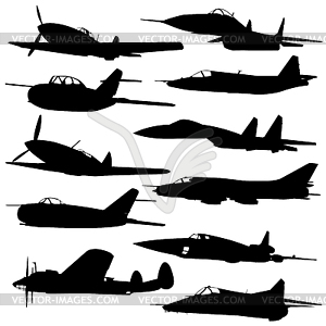 Collection of different combat aircraft silhouettes - vector image
