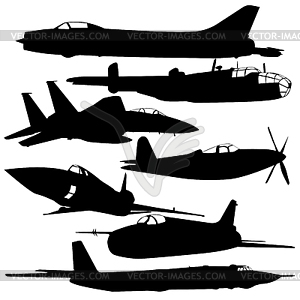 Коллекция различных силуэты боевых самолетов - рисунок в векторе