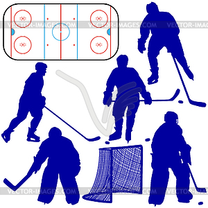 Set of silhouettes of hockey player.  - vector image