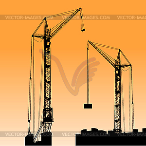 Silhouette of two cranes working on building. - vector clipart