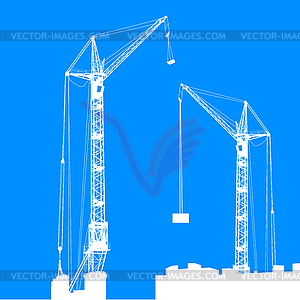 Silhouette of two cranes working on building. - vector image