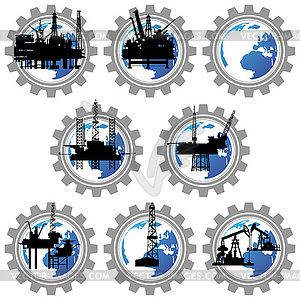 Badges with drilling rigs and oil pumps - vector clipart