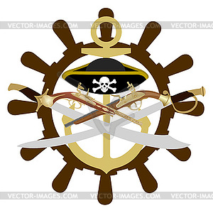 Ship steering wheel and old weapons - stock vector clipart