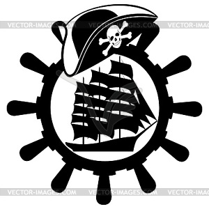 Pirate hat, ships wheel and sailing ship - vector EPS clipart