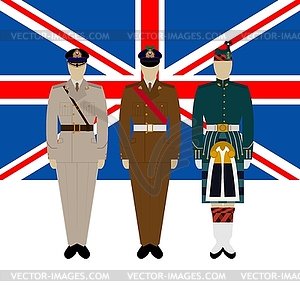 Flag of Great Britain and soldiers in uniform - vector EPS clipart
