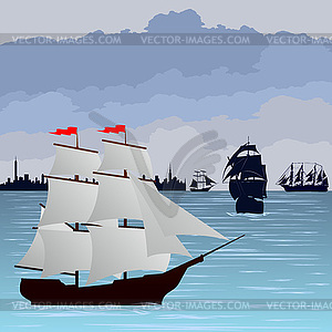 Sailing ships at sea - vector clip art