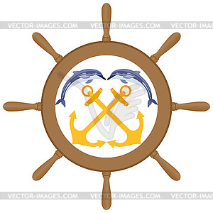 Steering wheel, anchor and dolphins - vector image