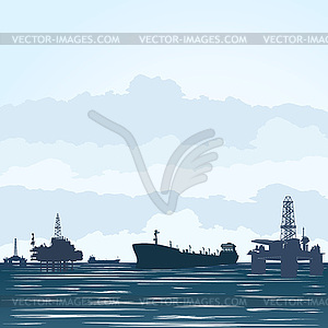 Oil derricks and tankers - vector image