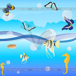 Butterflies and fish - vector image