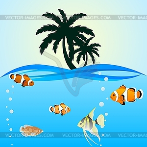 Palm trees and sea creatures - vector image