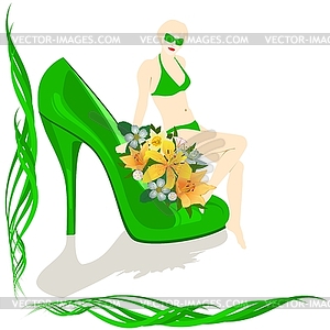 Shoes with flowers and girl - vector clip art