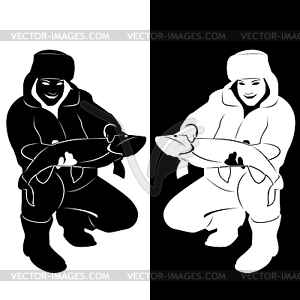 Fisherman with caught fish - vector clipart / vector image