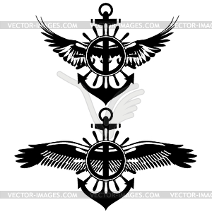 Icon with anchor wheel and wings - vector clipart