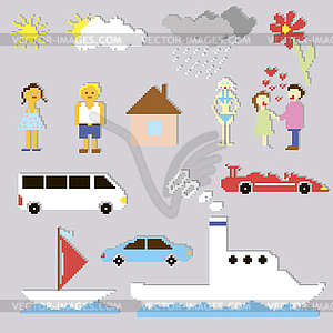 Set of pixel elements and cartoons - color vector clipart