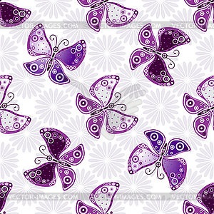 Seamless floral pattern with violet butterflies - vector image