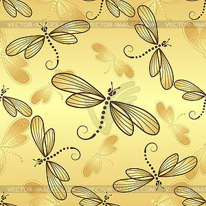 Seamless pattern with gold gradient dragonflies - vector clipart