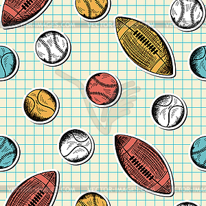 Бесшовные шаблон с различных спортивных мячей - стоковый векторный клипарт