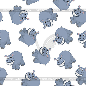 Samless Funny Cartoon Hippo - color vector clipart