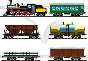 Old steam locomotive with wagons - vector clip art