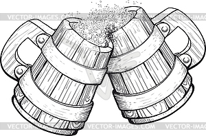 Два пива деревянные кружки - векторный клипарт / векторное изображение