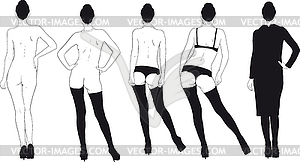 Girl gradually dresses - white & black vector clipart
