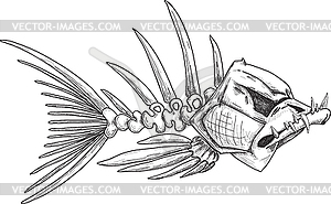 Эскиз зла скелет рыбы с острыми зубами - графика в векторе