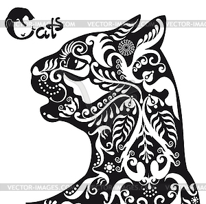 Stylized black and white patterned cat - vector clip art