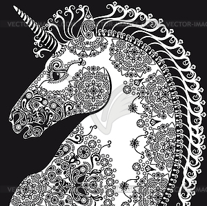 Stylized profile unicorn head, bleack and white - vector image