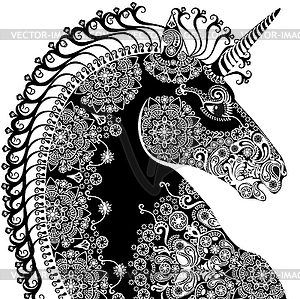 Stylized profile unicorn head, bleack and white - royalty-free vector image