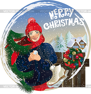 Smiling girl in winter clothes on snowy day, - vector clipart / vector image