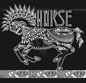 Patterned silhouette of running horse, monochrome - vector clipart