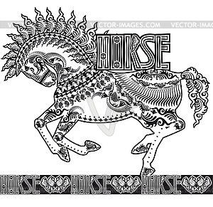 Patterned silhouette of running horse, monochrome - vector image