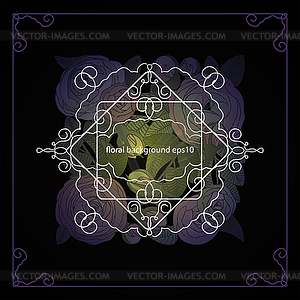 Lace frame on dark lilac floral background - vector image