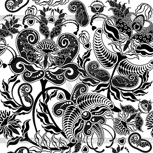 Black and white floral seamless pattern - vector clipart
