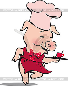 Running pig with tray and cup of coffee - vector clipart
