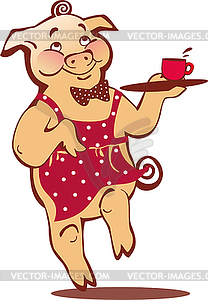 Running pig with tray and cup of coffee - vector image