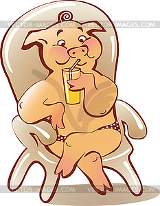 Pig sitting in beach chair with glass of drink - vector clipart