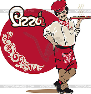 Italian chef serves pizza - vector clip art